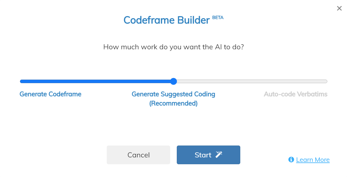 Screenshot of codeit Codeframe Builder options